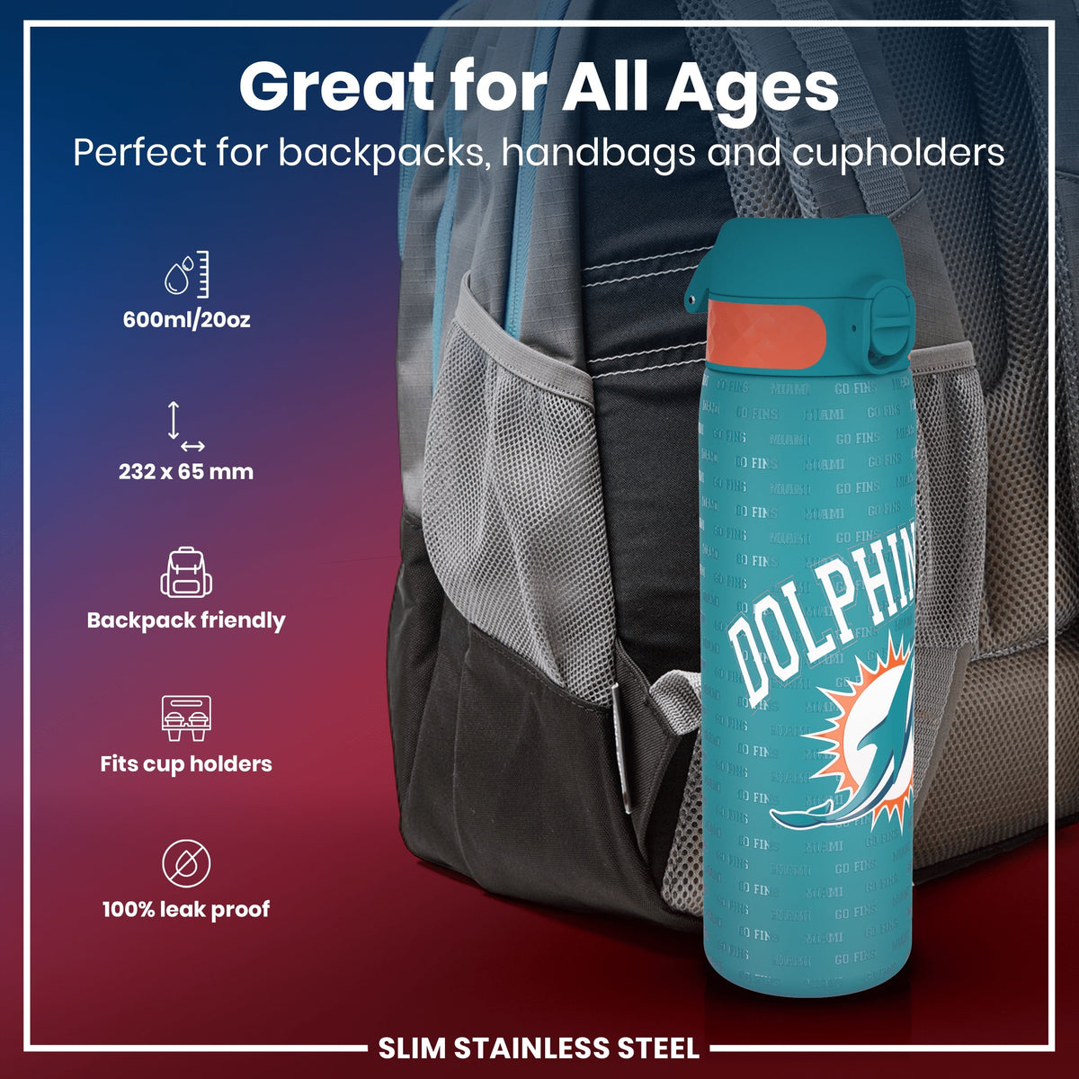 NFL x ION8, Inox, Miami Dolphins, 600 ml