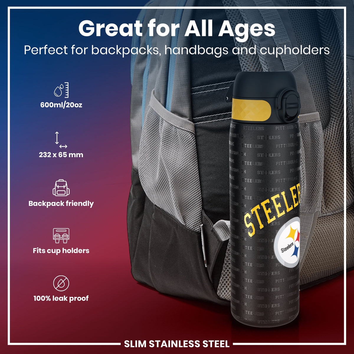 NFL x ION8, Inox, Pittsburgh Steelers, 600 ml