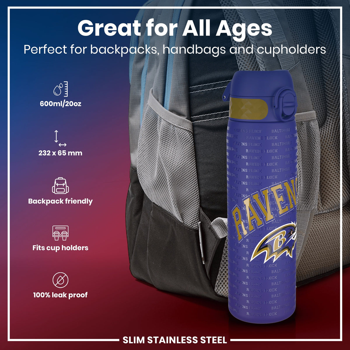 NFL x ION8, Inox, Baltimore Ravens, 600 ml