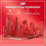 Several red ION8 water bottles, of varying sizes and designs, are displayed on a red surface. They are shown alongside a straw and strap. The text reads: 