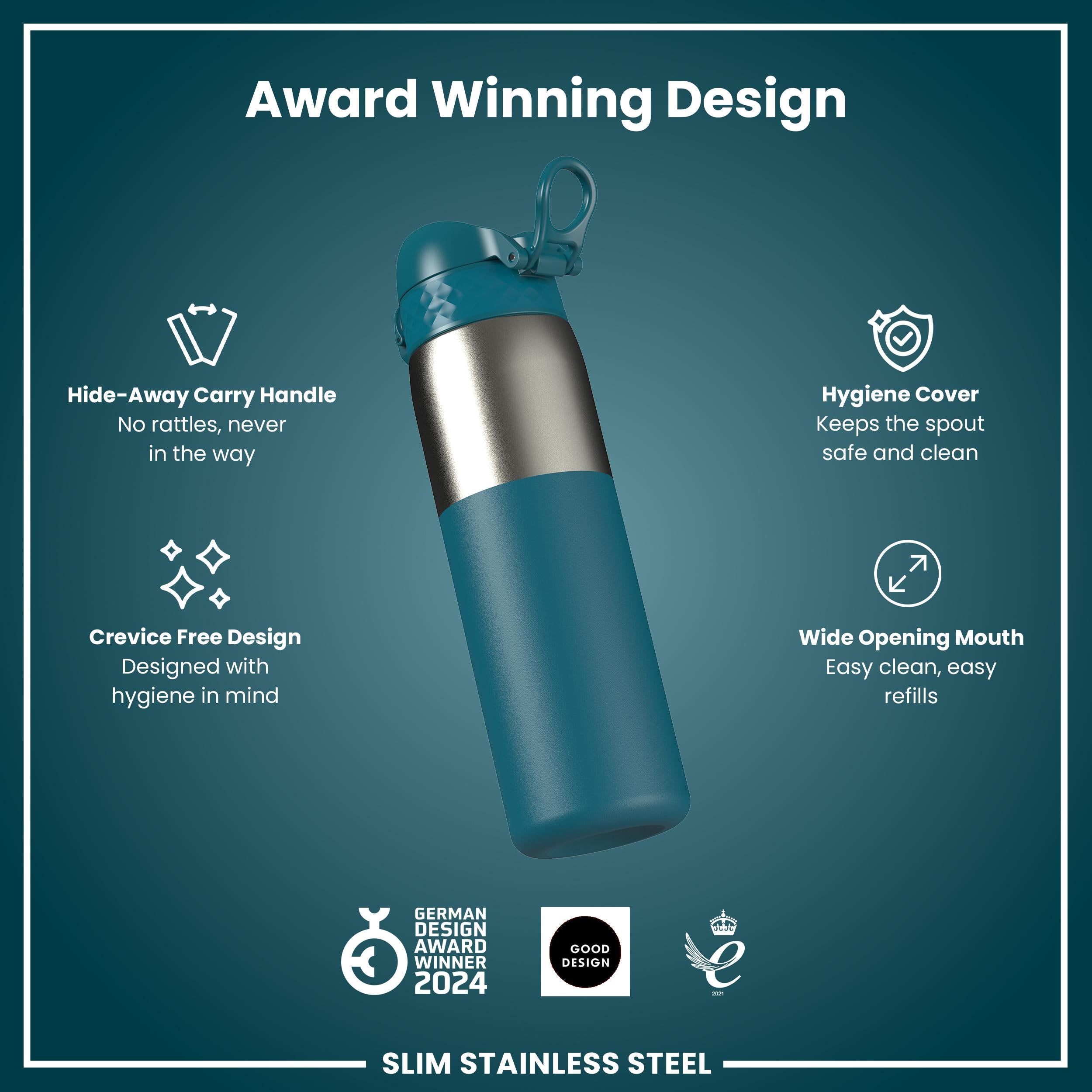 Leak Proof Slim Water Bottle, Stainless Steel, Half-Cut, Teal, 600ml (20oz) in Deep Teal