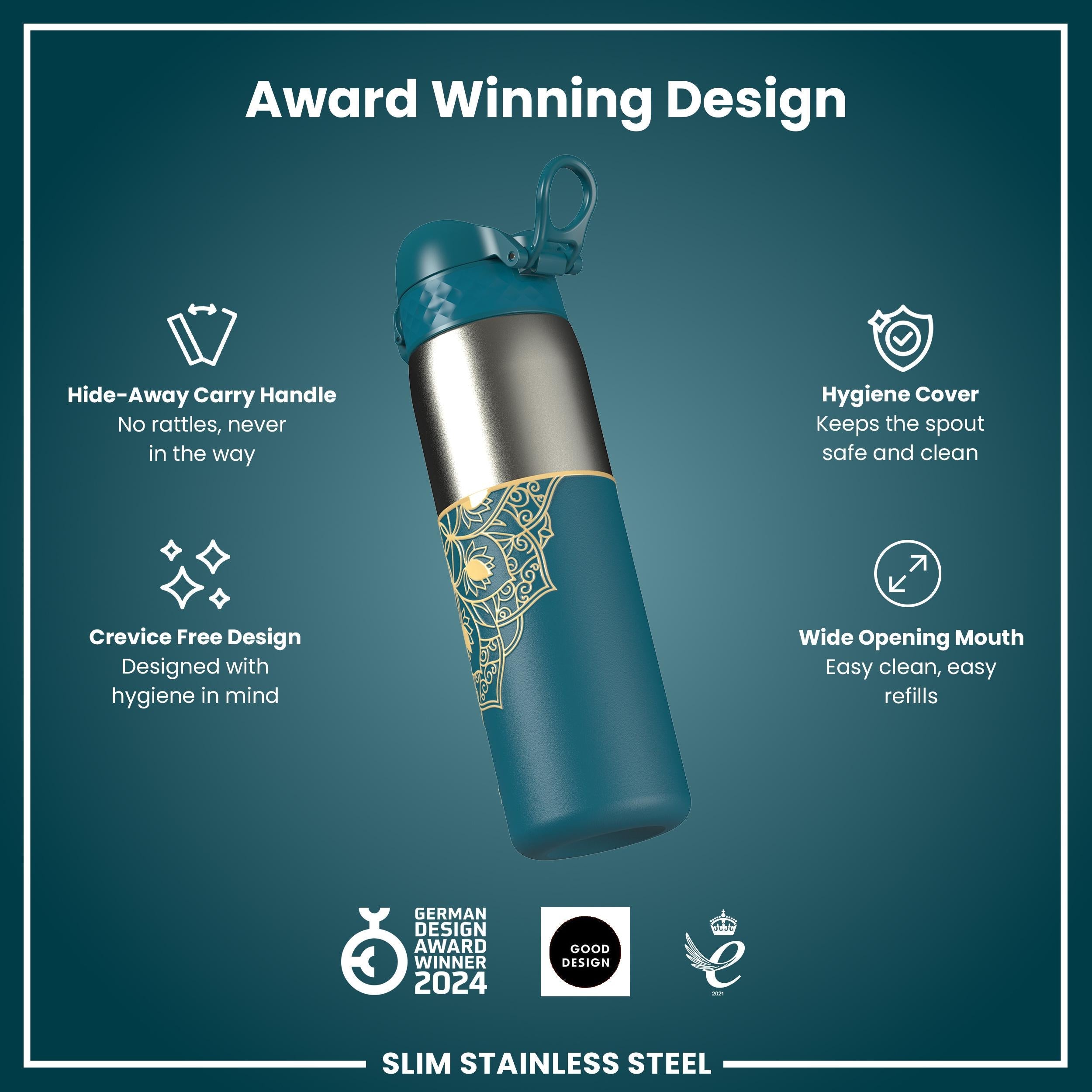Leak Proof Slim Water Bottle, Stainless Steel, Half-Cut, Mandalas, 600ml (20oz) — additional product photo
