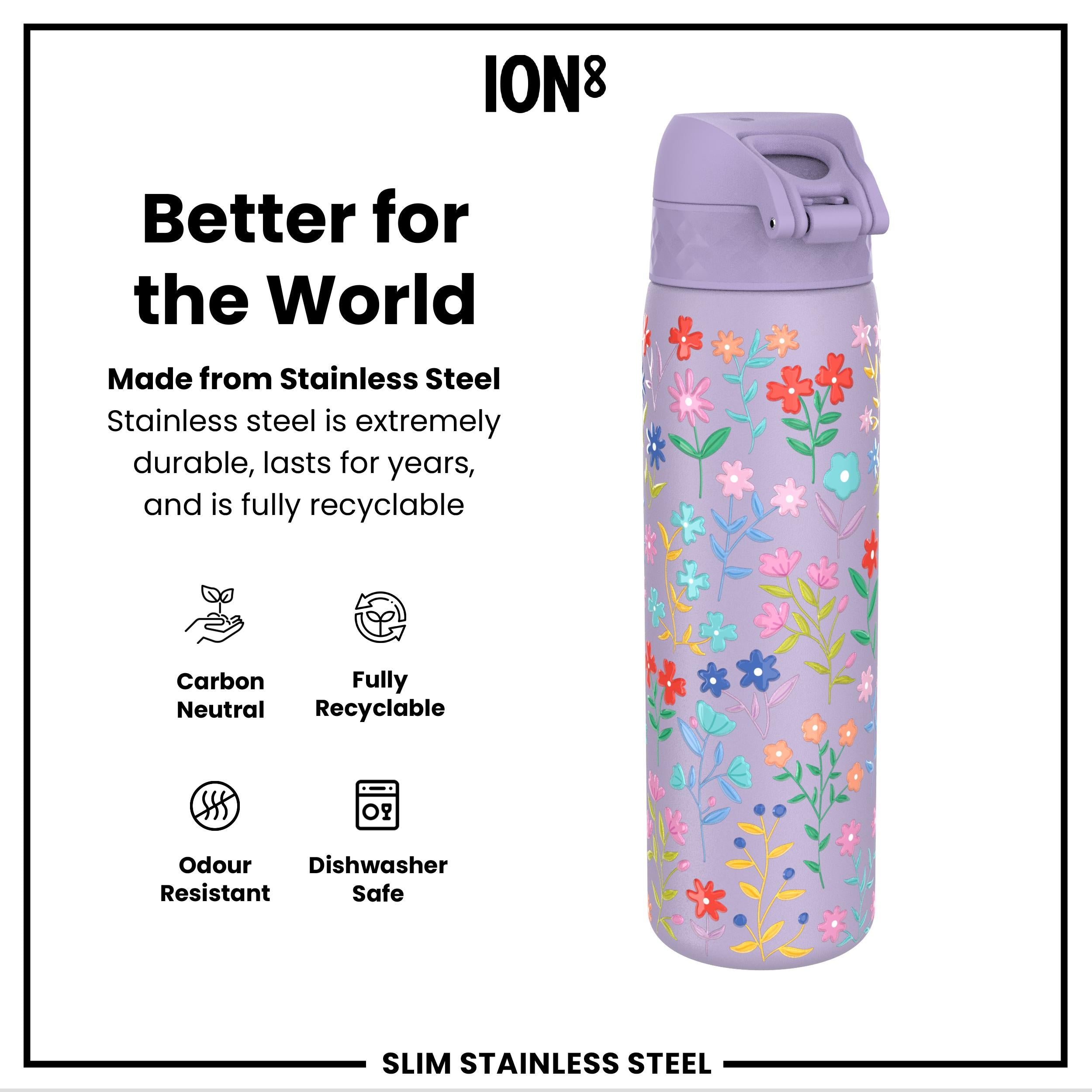 Leak Proof Slim Water Bottle, Stainless Steel, Delicate Floral, 600ml (20oz) — additional product photo