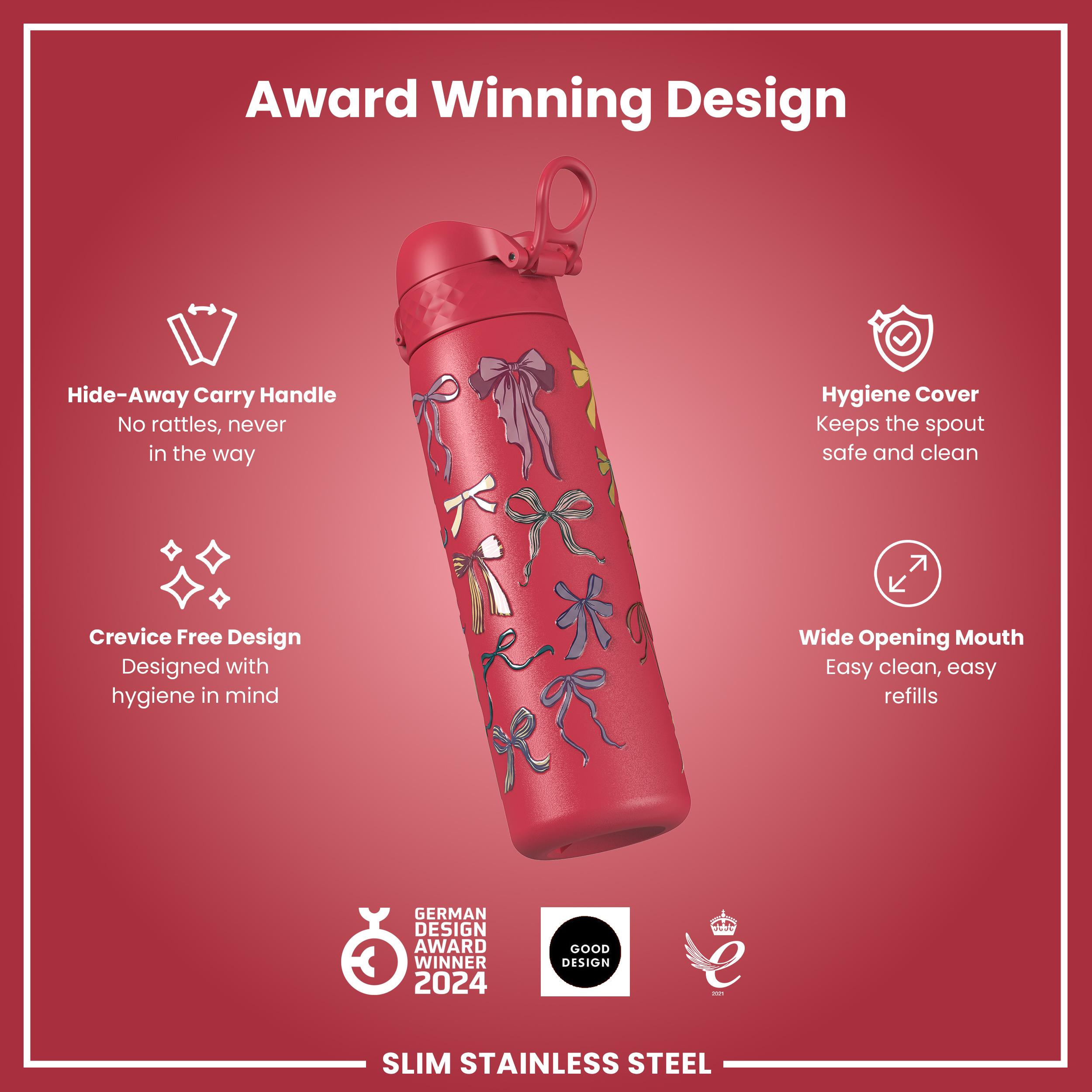Leak Proof Slim Water Bottle, Stainless Steel, Bows, 600ml (20oz) — additional product photo