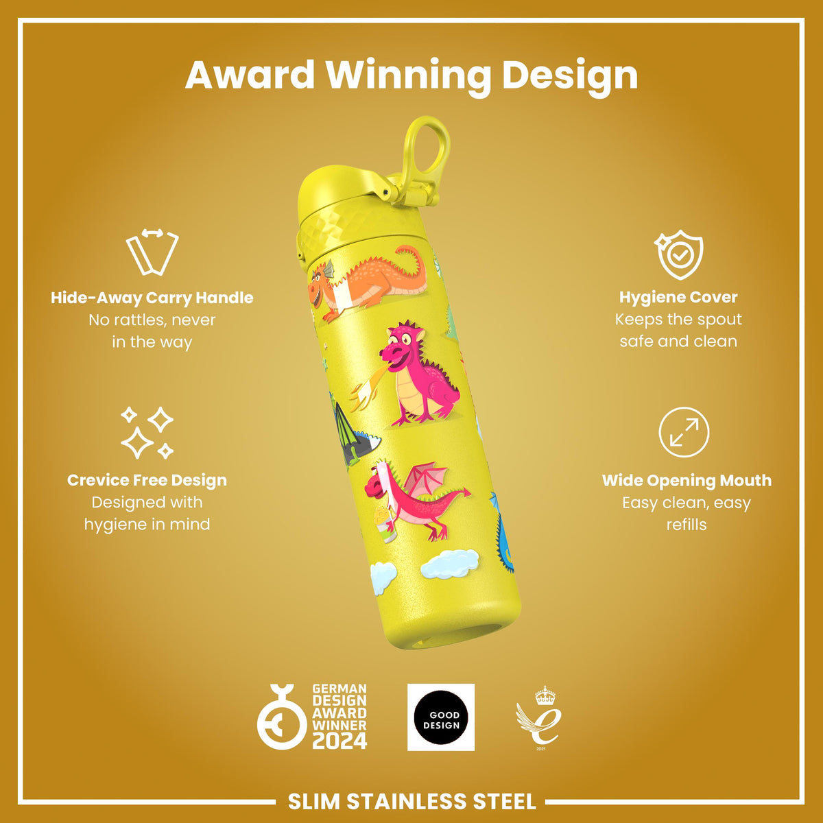 Gourde en inox, Dragons jaunes, 600 ml
