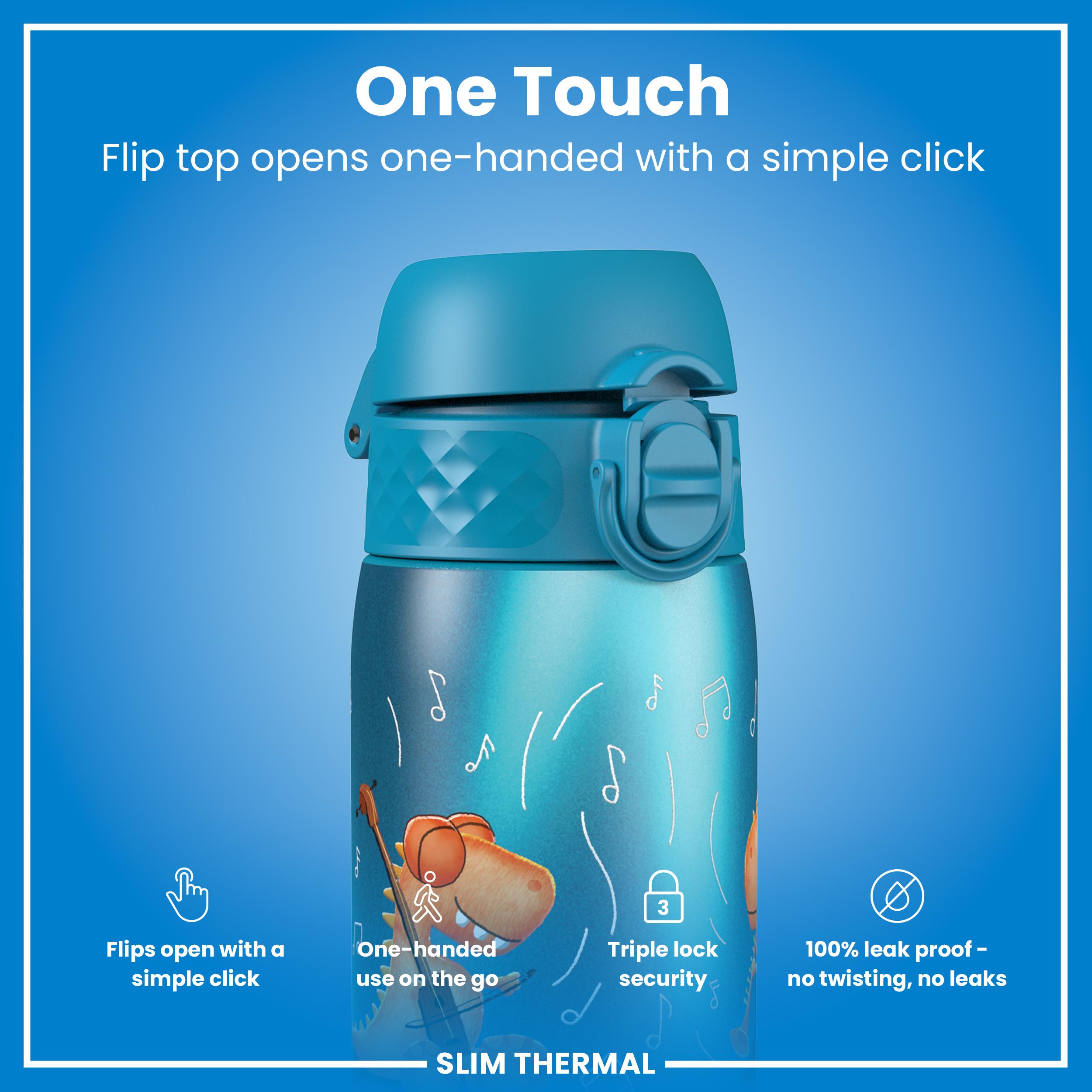 Leak Proof Slim Thermal Water Bottle, Insulated Steel, Dinosaur Band, 500ml (17oz) — additional product photo
