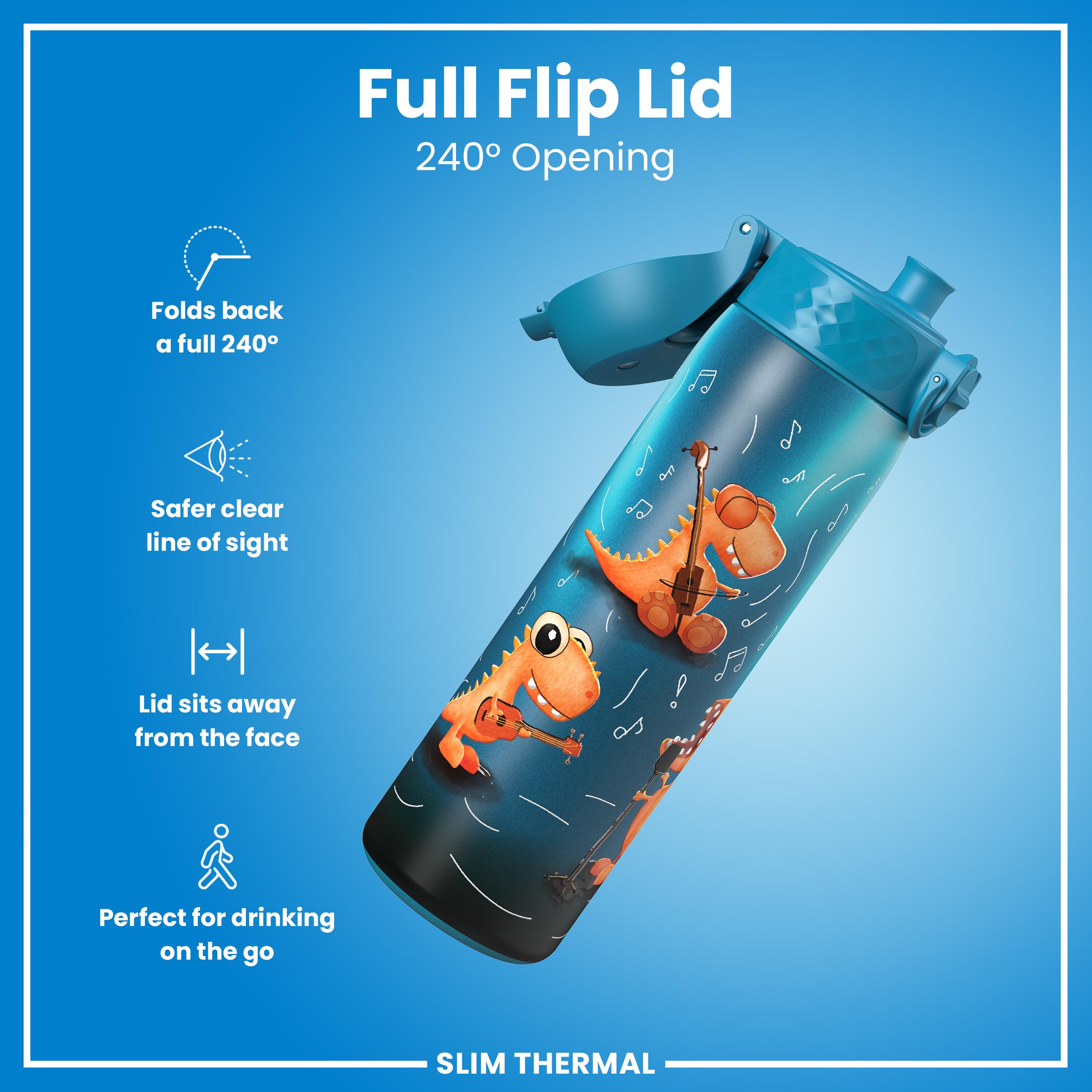 Leak Proof Slim Thermal Water Bottle, Insulated Steel, Dinosaur Band, 500ml (17oz) — additional product photo