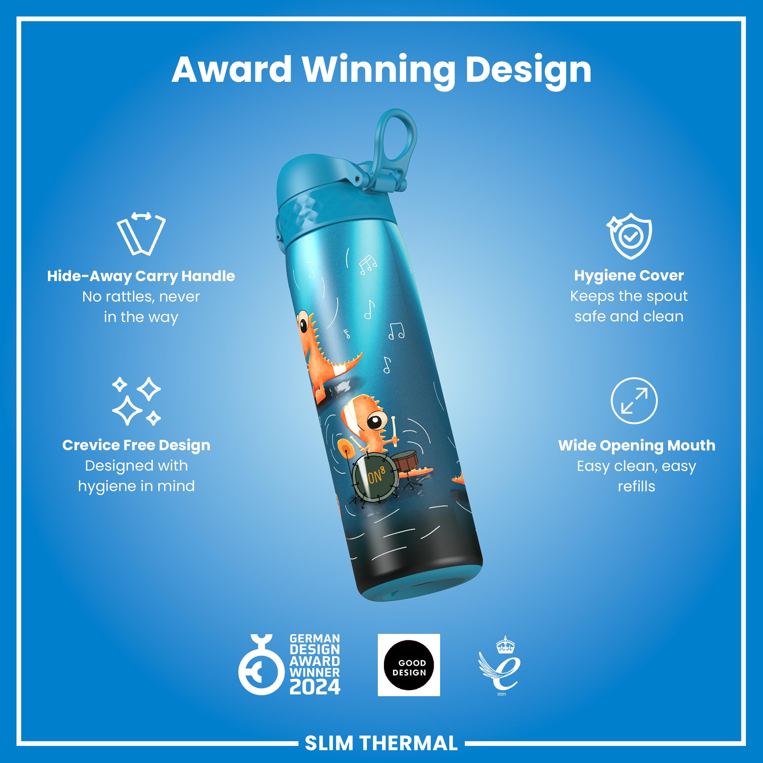 Leak Proof Slim Thermal Water Bottle, Insulated Steel, Dinosaur Band, 500ml (17oz) — additional product photo