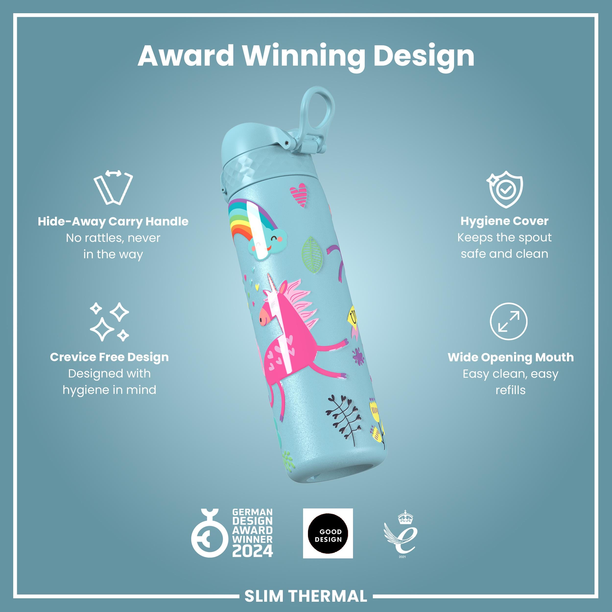 Leak Proof Slim Thermal Water Bottle, Insulated Steel, Blue Unicorns, 500ml (17oz) — additional product photo