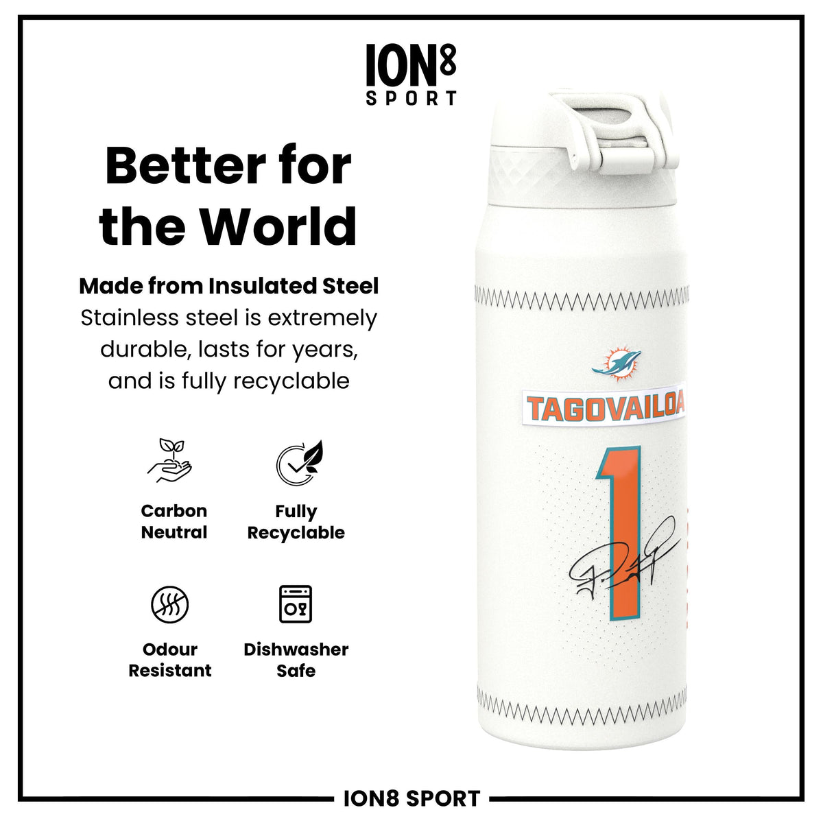 NFL x ION8, Inox isotherme, GameDay Series, Tua Dolphins, 750 ml