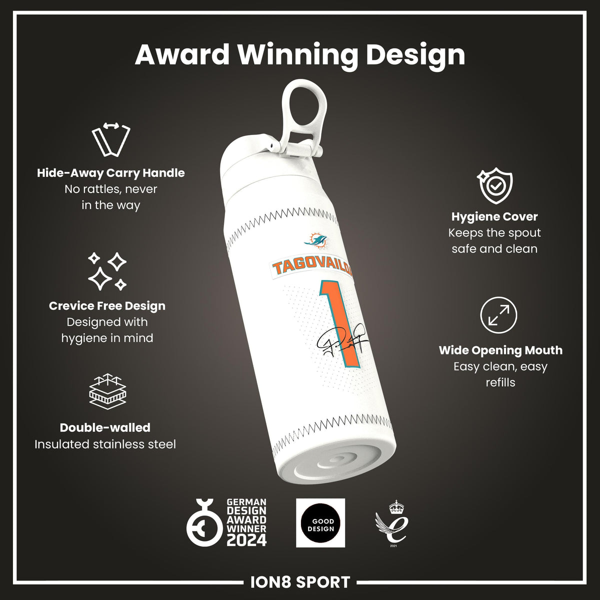 NFL x ION8, Inox isotherme, GameDay Series, Tua Dolphins, 750 ml