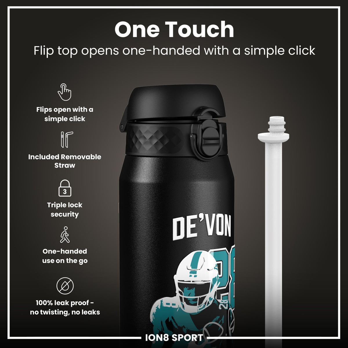 NFL x ION8, Inox isotherme, Locked In Series, De'von Achane, 750 ml