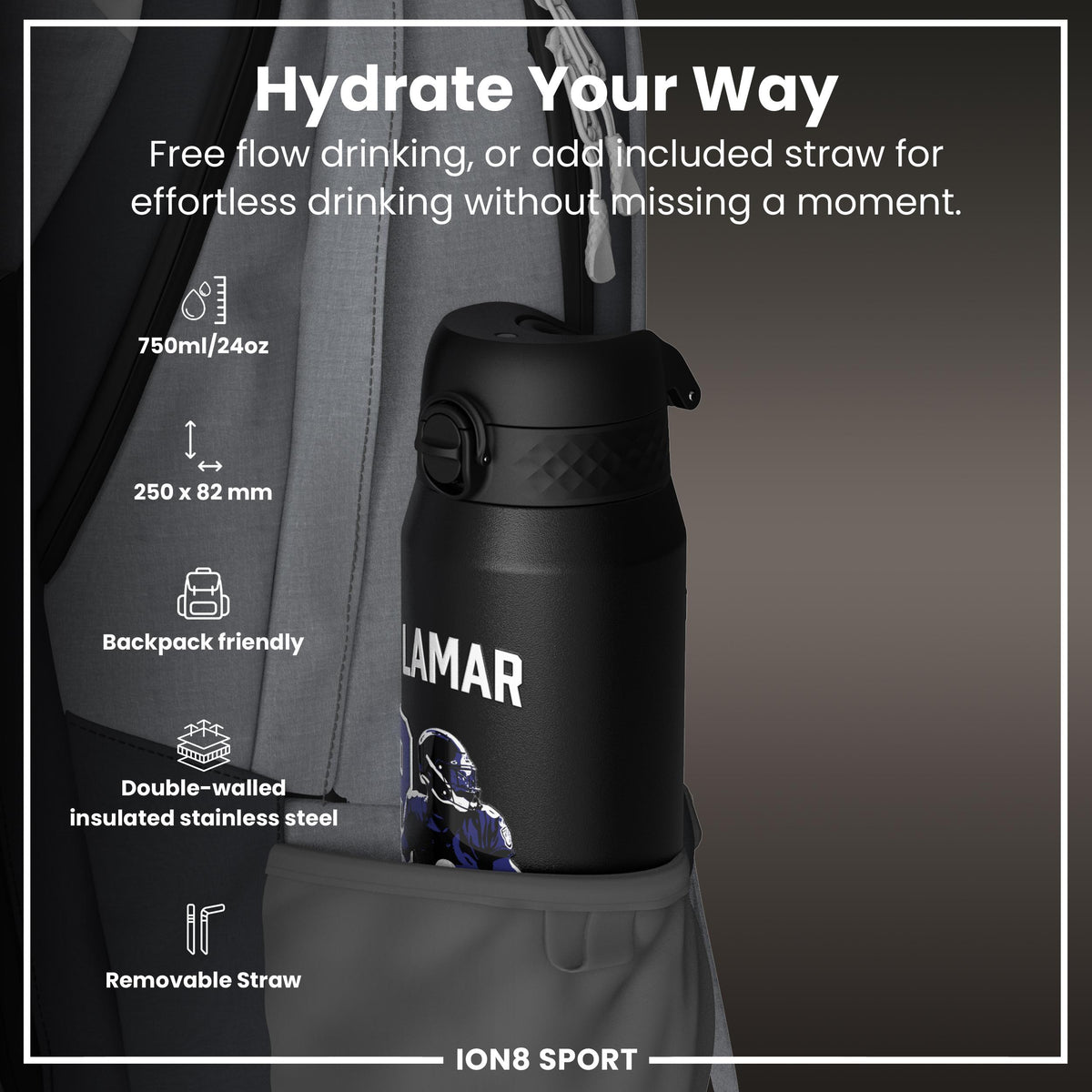 NFL x ION8, Inox isotherme, Locked In Series, Lamar Jackson, 750 ml